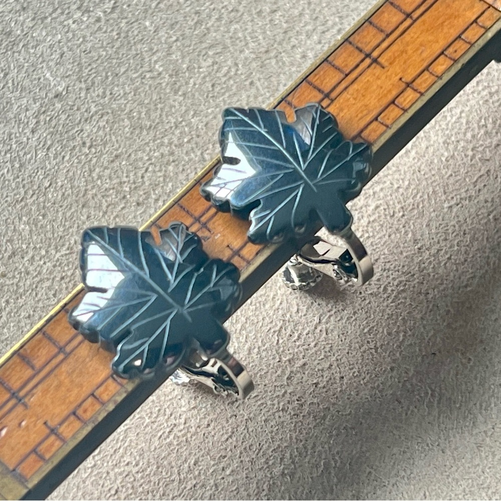 Vintage carved hematite leaf clip on earrings maple autumn gemstone gray